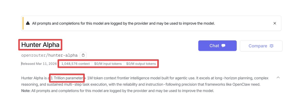 Hunter Alpha just dropped on OpenRouter. 1 trillion parameters. 1M ...