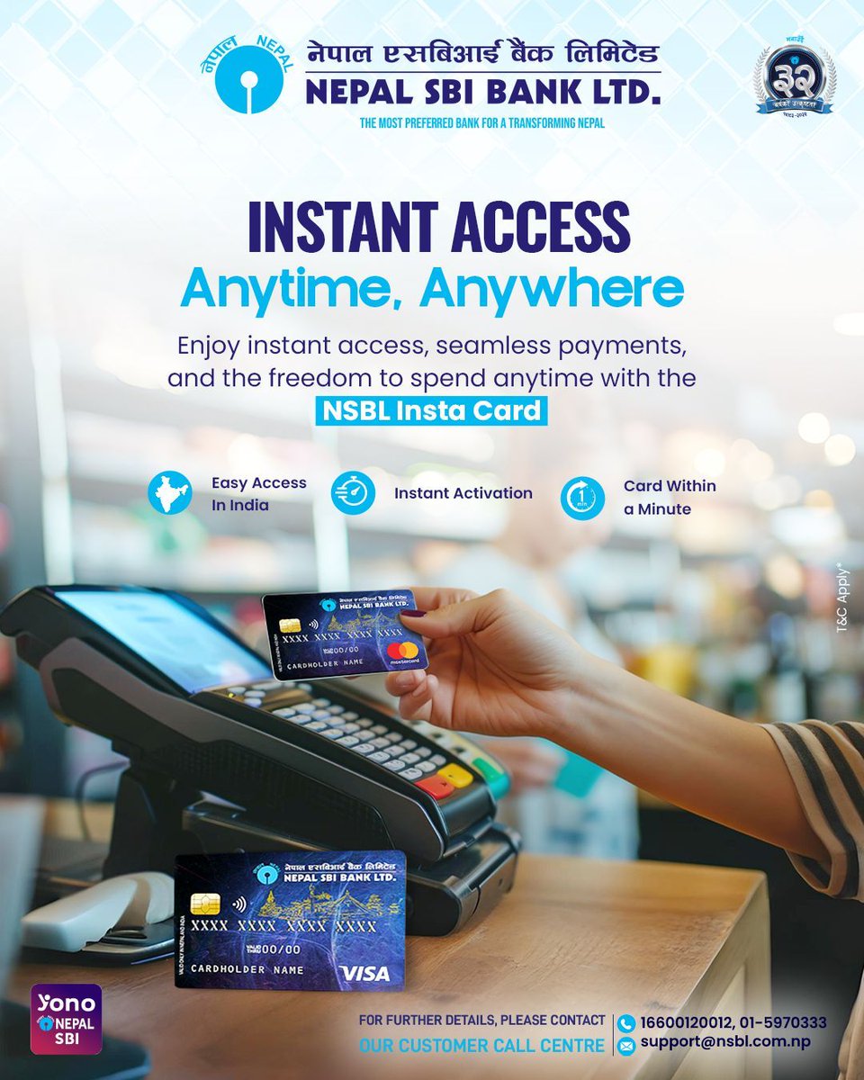 NepalSBIBank's tweet photo. Enjoy instant access, seamless payments, and complete freedom to spend anytime, anywhere with NSBL Insta Card.
#NepalSBI #NSBL #instacard https://t.co/jf0qEG7r2g