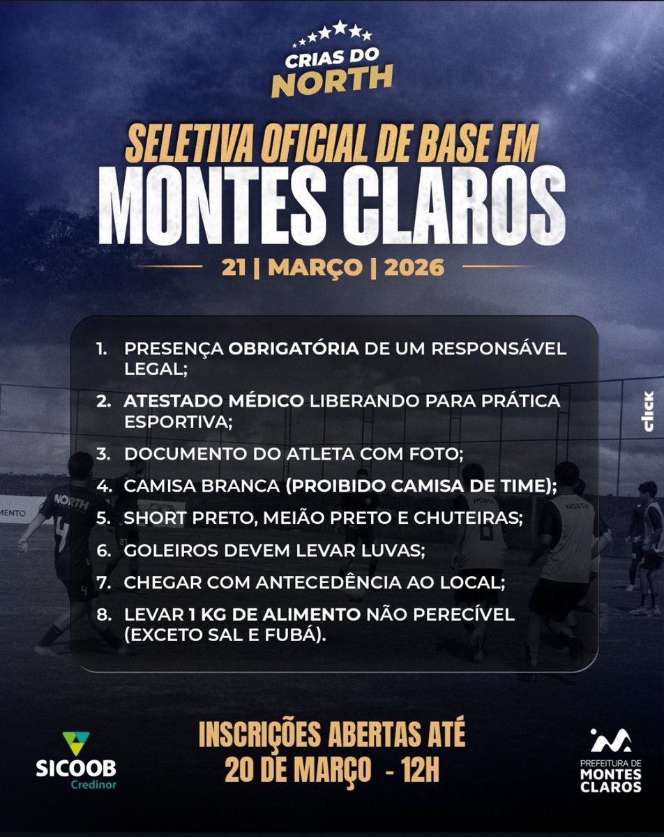 SELETIVA EM MONTES CLAROS

A oportunidade chegou, gladiador.
Chegou o momento de mostrar seu talento e dar mais um passo no sonho de vestir a camisa dos Crias do North. Cada treino, cada esforço e cada batalha podem começar a valer ainda mais a partir daqui.

📌 Categorias e