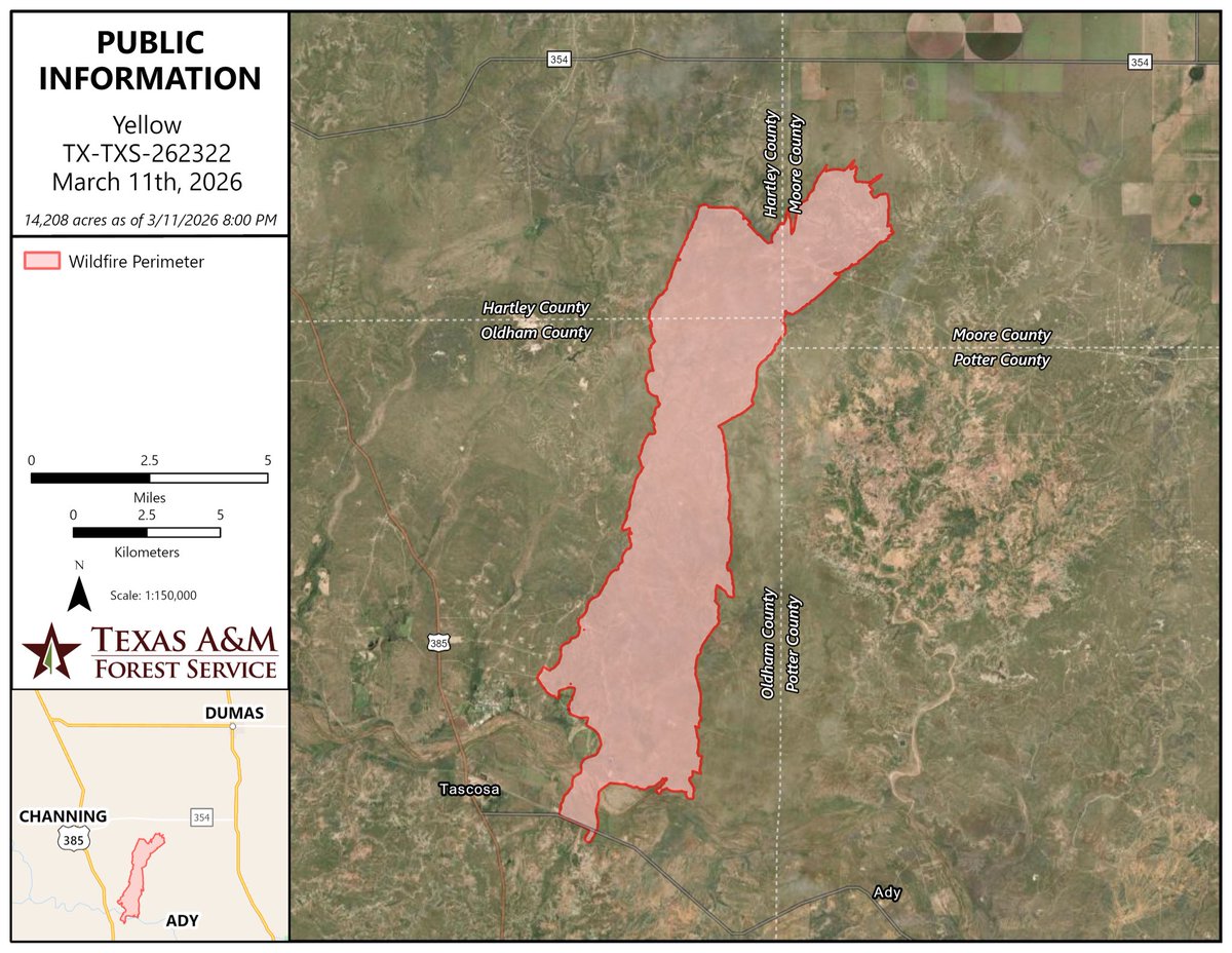 AllHazardsTFS's tweet photo. Update: the #YellowFire in Moore County is 14,208 acres and 55% contained. Increase in acreage due to more accurate mapping. Fire activity has decreased. Firefighters continue building containment line and patrolling the fire area. #txfire https://t.co/B0rfZ0zAFb