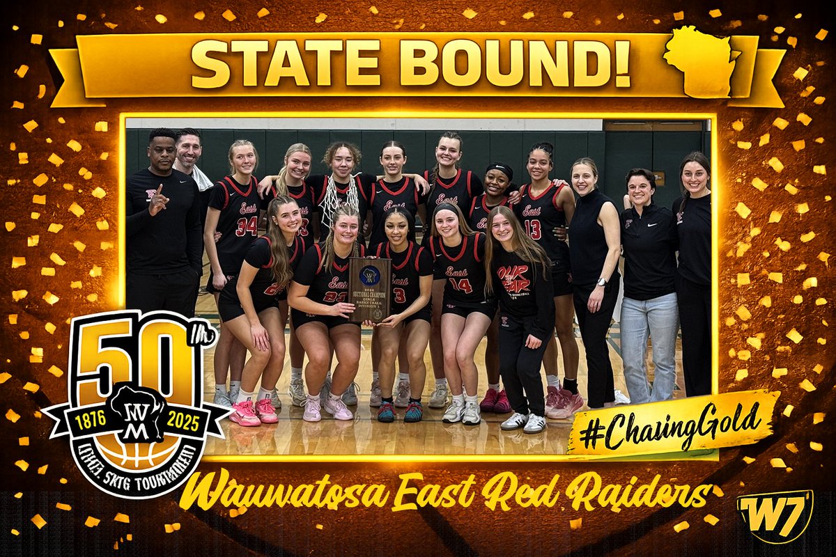 ProductionsW7's tweet photo. 🏀 STATE BOUND!
The Wauwatosa East Red Raiders are heading back to the Resch Center in Green Bay with a chance to repeat as State Champions.
Last year: D2 State Champs 🏆
This year: Back at State in D1.
New division. Same goal.
#ChasingGold 🥇 https://t.co/5YtNa0E7Xu