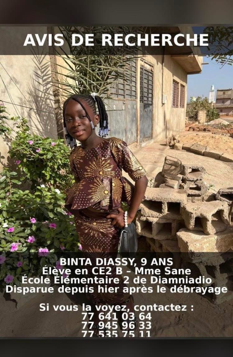 🚨🚨🚨AVIS DE RECHERCHE

BINTA DIASSY  
9 ans  
Élève en CE2 B  
chez Mme Sane  
École Élémentaire 2 de Diamniadio  

Disparue depuis hier  
(après le débrayage)

Merci de partager massivement pour aider à la retrouver rapidement. 🙏