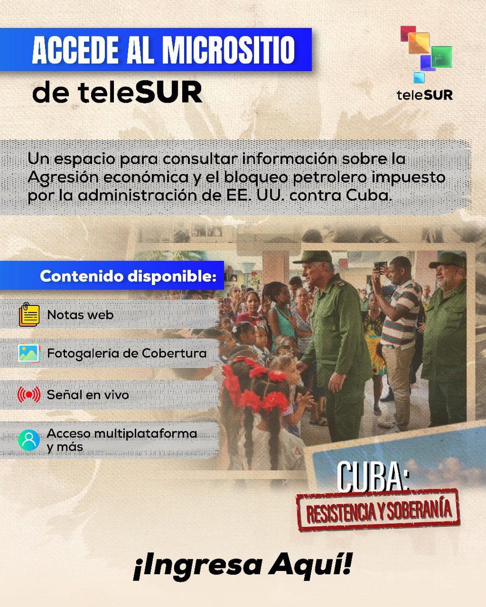 teleSURtv's tweet photo. La verdad sobre Cuba, teleSUR te invita al micrositio. Toda la información sobre la agresión económica y el bloqueo petrolero de EE. UU. contra la isla.

Accede aquí: https://t.co/d34l1G0fJd https://t.co/pltXaQ3FBn