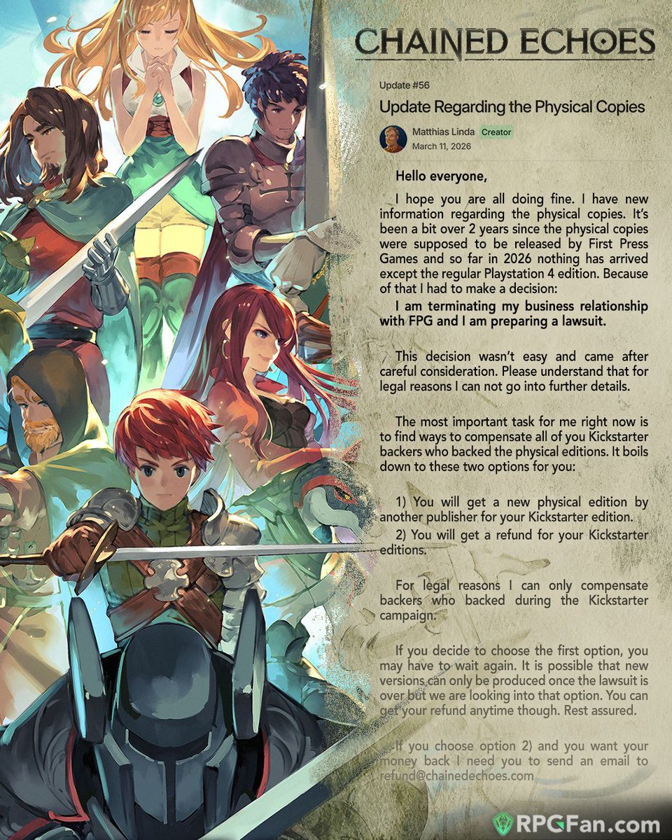 rpgfancom's tweet photo. Matthias Linda (creator of 2022's indie hit RPG Chained Echoes) is preparing lawsuit against First Press Games who were handling the physical copies. Those affected (and haven't received anything) may want to read the full post –you can get a refund!

► https://t.co/yKOvdIb4d5 https://t.co/P7egMZdgdR
