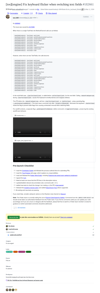 FlutterMerge's tweet photo. "[ios][engine] Fix keyboard flicker when switching text fields" by @D_R_1009 was merged into #Flutter master https://t.co/3NrGZIulat https://t.co/CogM71andx