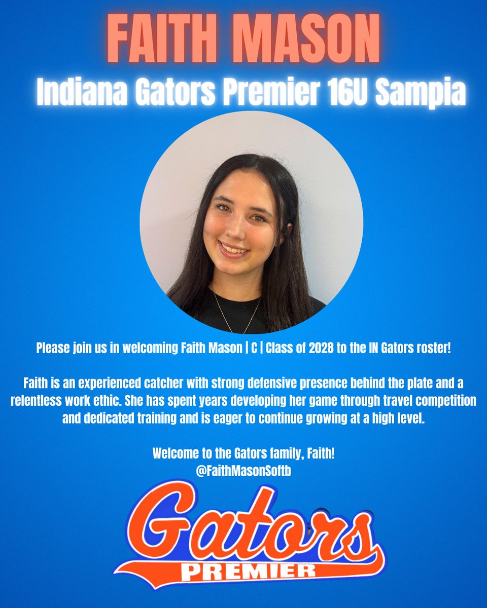 GatorsSampia's tweet photo. We’d like to welcome @FaithMasonSoftb to the squad. She’s a 2028 catcher ready to make an impact. Looking forward to hitting the fields this summer. https://t.co/IptswojDTH