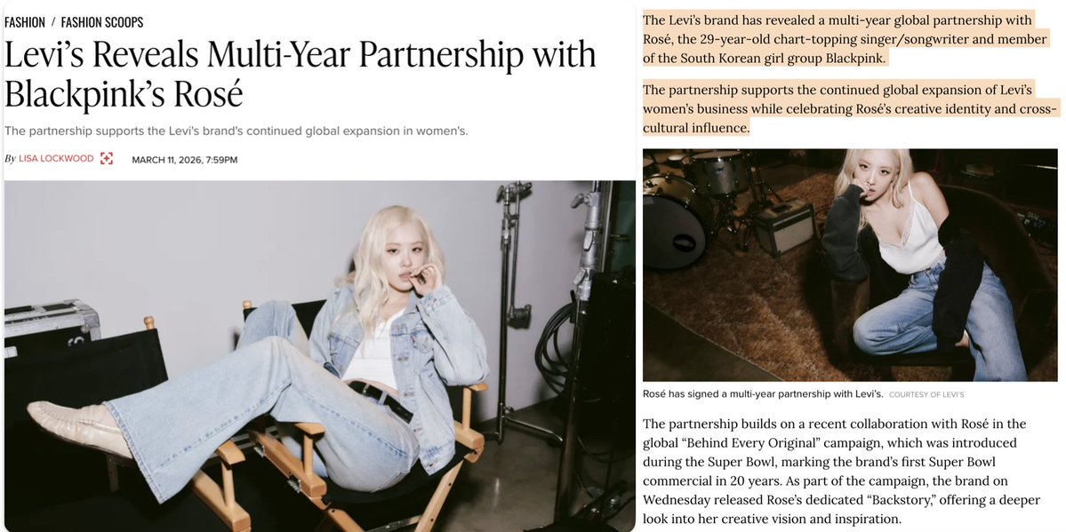 Levi’s Reveals Multi-Year Partnership with ROSÉ:

"Later this year, the partnership will continue to unfold with an exclusive product collaboration, bringing Rosé’s creative vision to life through style-driven Levi’s pieces. Their new product collaboration will allow fans around