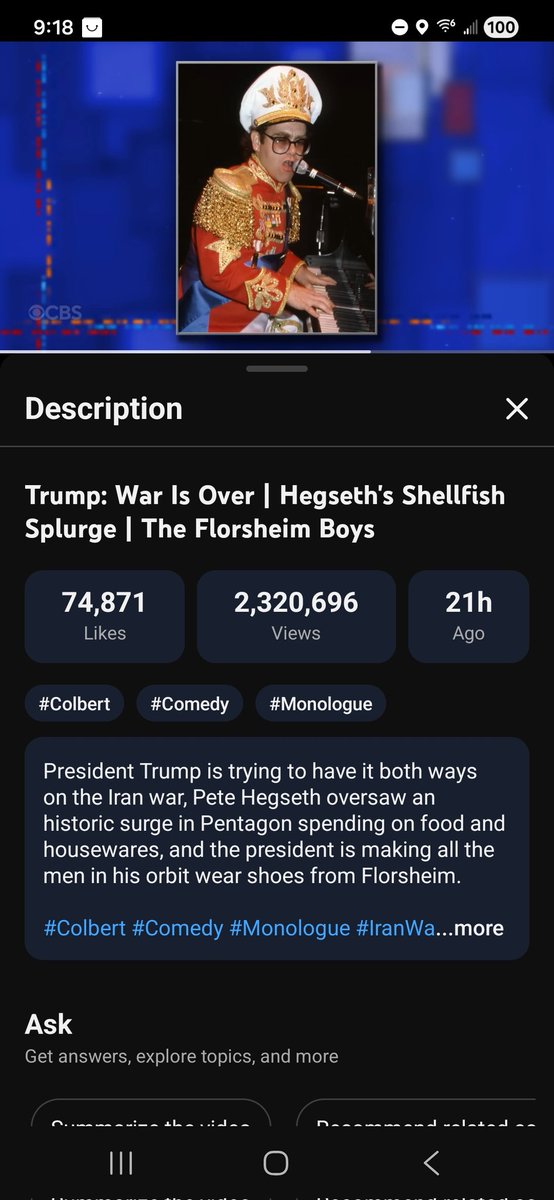 GabeVenit's tweet photo. @LateNightSeth @sethmeyers Just a headsup, Colbert did the Elton John joke yesterday about the piano. This is the screenshot from it referencing it at the 7:29 mark of the clip https://t.co/KpCZeoKbAg