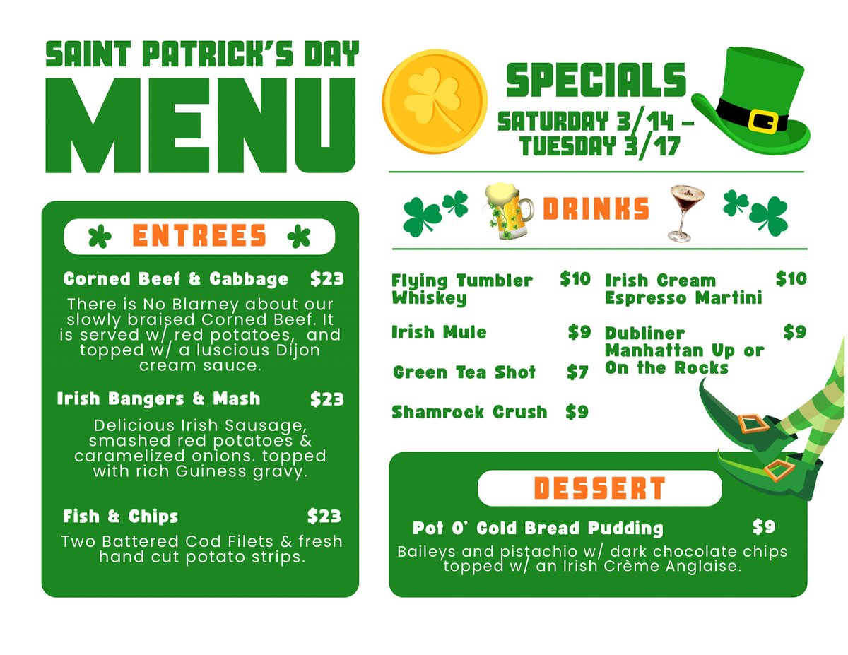 stonebridgeMD's tweet photo. It’s almost time for green beer, corned beef &amp; more! 🍀We have you covered 3/14 - 3/17! #specialirishmenu @stonebridgegrillemd @maryland_line_wine_spirits #saintpattysday https://t.co/p68gJud7bC