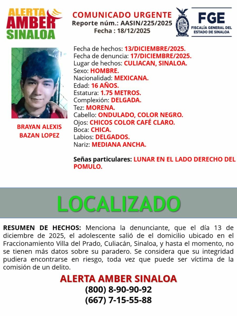 El adolescente ya fue localizado. Gracias por su colaboración.
#AlertaAmberSinaloa
#FiscaliaSinaloa