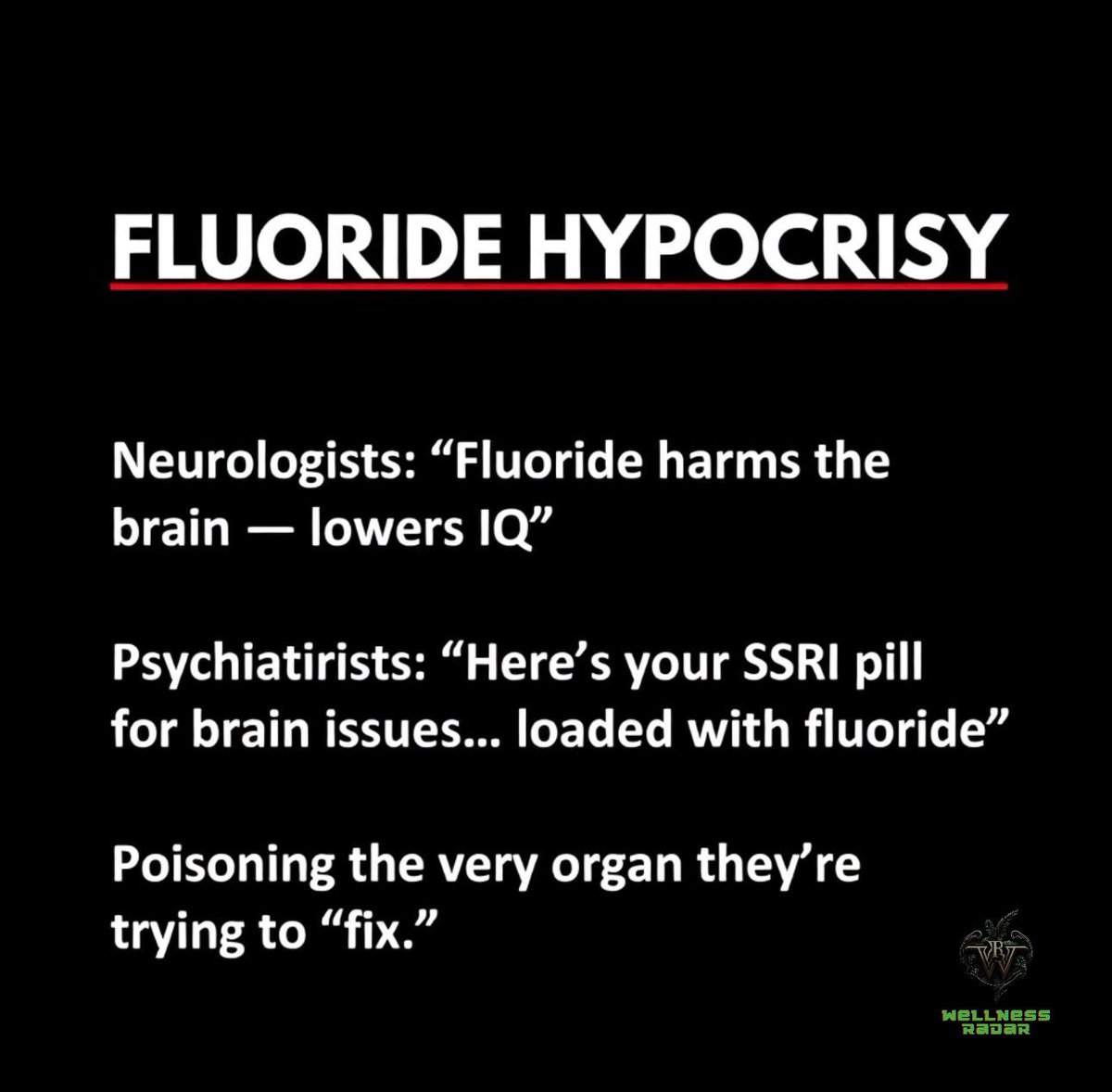 Wellness_Radar's tweet photo. While they increasingly use fluorine in pharmaceuticals — especially SSRIs for depression — it’s the same halogen family as fluoride (pure fluorine gas dissolves your hand in seconds if exposed).

In SSRIs, it’s bound for stability, but studies show accumulation — especially in the brain (often 10x plasma levels) and bones/bone marrow (long-term persistence per ¹⁹F MRS research).

Fluorine now in up to 40% of new drugs (up from ~20%) — Big Pharma’s push for potency.