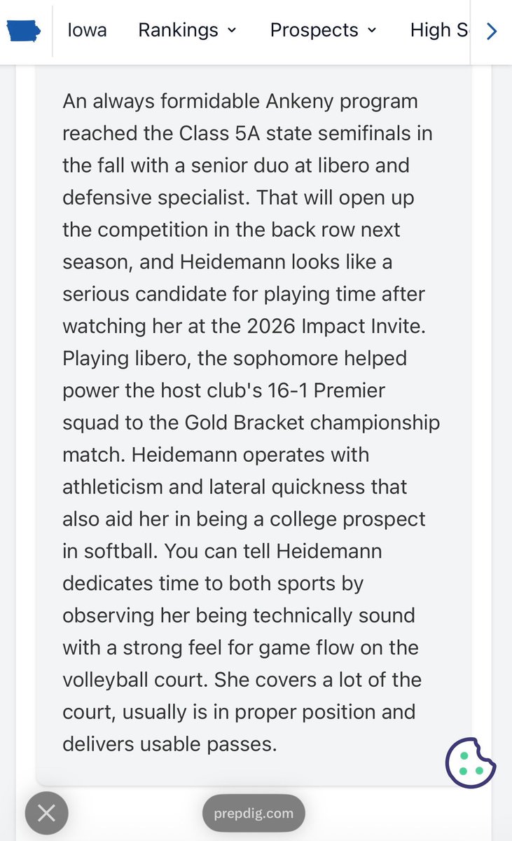TenleyHeidemann's tweet photo. Thank you @PrepDigIA for the nice write up!! Appreciate you taking the time to watch me play. @iowaimpactvbc https://t.co/T6aQes2bja