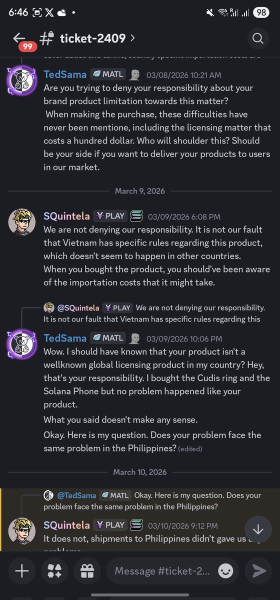 tedsamavn's tweet photo. Dear @playsolana . Your support style is toxic, lack of responsibility, shifting responsibility to the users.
Your project is big as @solanamobile and @CudisWellness, but they're more responsible when it comes to the shipment issues that neither them or the user are aware of. https://t.co/P4wXwjpKil