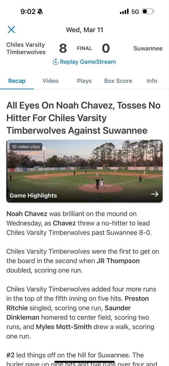 Will_West24's tweet photo. @ChilesBaseball  Noah Chavez throws No Hitter against Suwannee. 
7IP, 0 Hits, 2BB, 11K Chiles Win 8-0

@PrepBaseballFL @MaxPreps 
@ShooterHunt https://t.co/K5tFGXZD9u