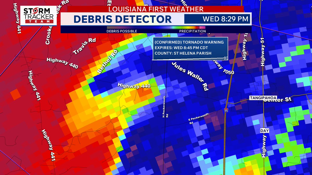 AlexNoelWx's tweet photo. CONFIRMED TORNADO WARNING in St. Helena Parish until 8:45 pm. TAKE SHELTER! https://t.co/tiHgJM1TGp