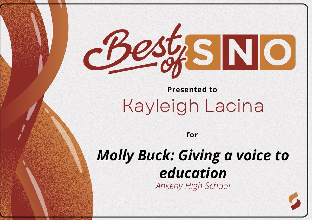 National recognition alert! The Talon’s Kayleigh Lacina has earned a #BestofSNO award for her feature on ACSD teacher Molly Buck. This is Kayleigh’s first national award, congrats!

Read it here: bestofsno.com/85539/features…