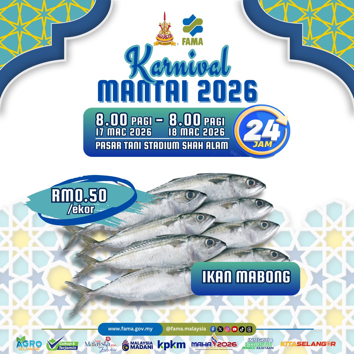 FAMASelangor's tweet photo. KARNIVAL MANTAI 2026 KINI KEMBALI! 
📷 Pasar Tani Stadium Shah Alam 
📷 17 Mac 2026 (8.00 pagi) 
hingga 18 Mac 2026 (8.00 pagi)
📷 24 JAM NON-STOP 📷 https://t.co/7gEQzgvPJO