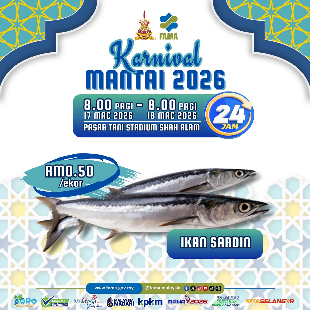 FAMASelangor's tweet photo. KARNIVAL MANTAI 2026 KINI KEMBALI! 
📷 Pasar Tani Stadium Shah Alam 
📷 17 Mac 2026 (8.00 pagi) 
hingga 18 Mac 2026 (8.00 pagi)
📷 24 JAM NON-STOP 📷 https://t.co/7gEQzgvPJO