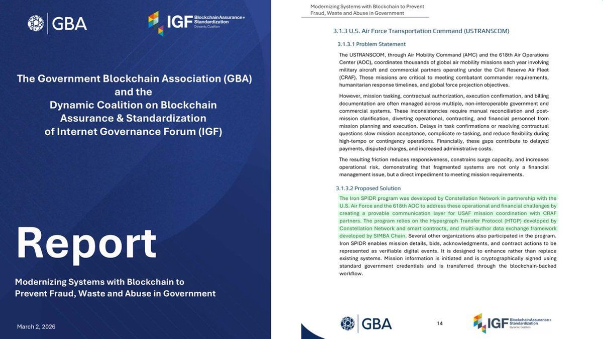 Tokenicer's tweet photo. 🔥Love to see $DAG recognized in this report from Government Blockchain Association.

This specifically discusses Constellation's work with the US DoD around IRON SPIDR.

A defense grade initiative on secure data communications

When it comes to US govt adoption of DLT, Constellation is arguably as well positioned as any.

Few realize just how long they've been working with the US DoD.

Their first awarded contract was in Aug 2019.

Since then they've achieved an official working contract with the US DoD & have been 1 of few firms to advance directly from a Phase 1 contract to Phase 2.

And now we can see the work they're building is being directly referenced in govt DLT reports.

Most crypto projects are still looking for US regulatory clarity and alignment.

Constellation did that years ago at the highest level.