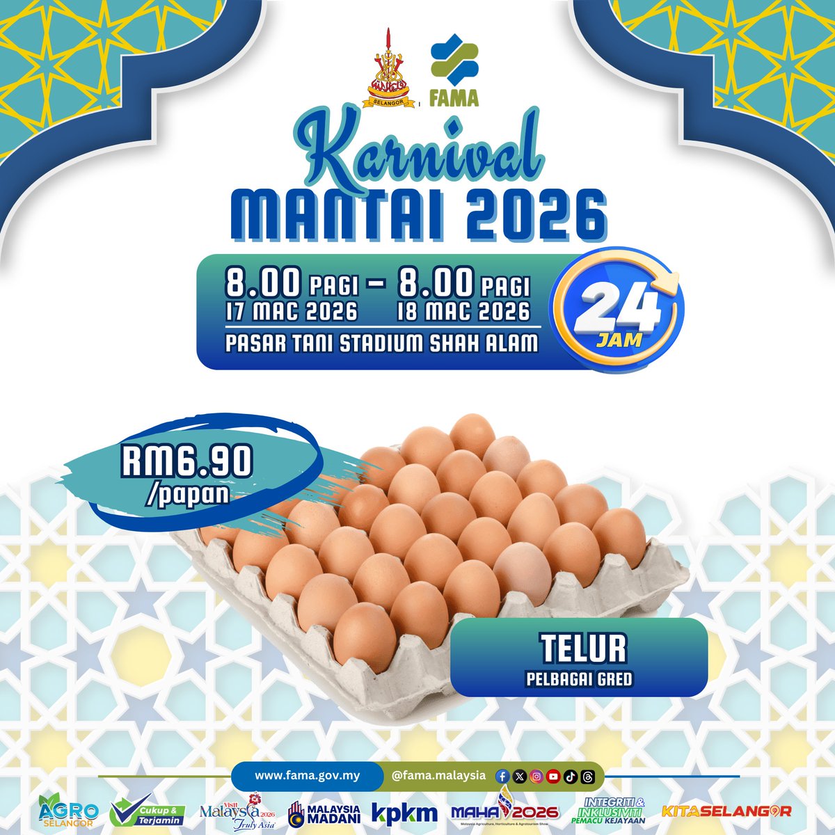 FAMASelangor's tweet photo. KARNIVAL MANTAI 2026 KINI KEMBALI! 
📷 Pasar Tani Stadium Shah Alam 
📷 17 Mac 2026 (8.00 pagi) 
hingga 18 Mac 2026 (8.00 pagi)
📷 24 JAM NON-STOP 📷 https://t.co/7gEQzgvPJO