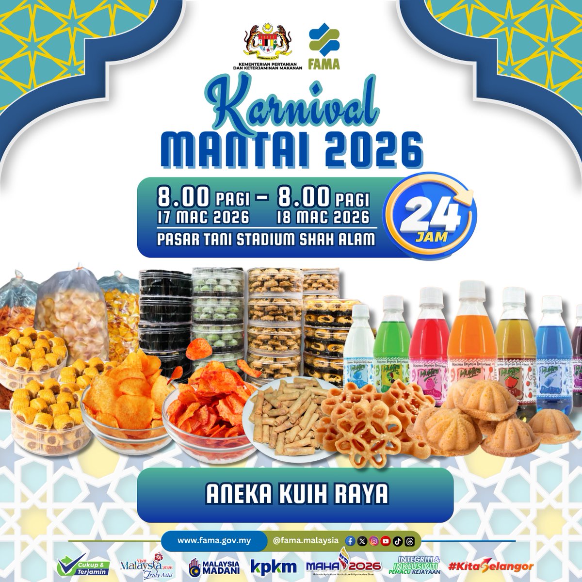 FAMASelangor's tweet photo. KARNIVAL MANTAI 2026 KINI KEMBALI! 
📷 Pasar Tani Stadium Shah Alam 
📷 17 Mac 2026 (8.00 pagi) 
hingga 18 Mac 2026 (8.00 pagi)
📷 24 JAM NON-STOP 📷 https://t.co/7gEQzgvPJO