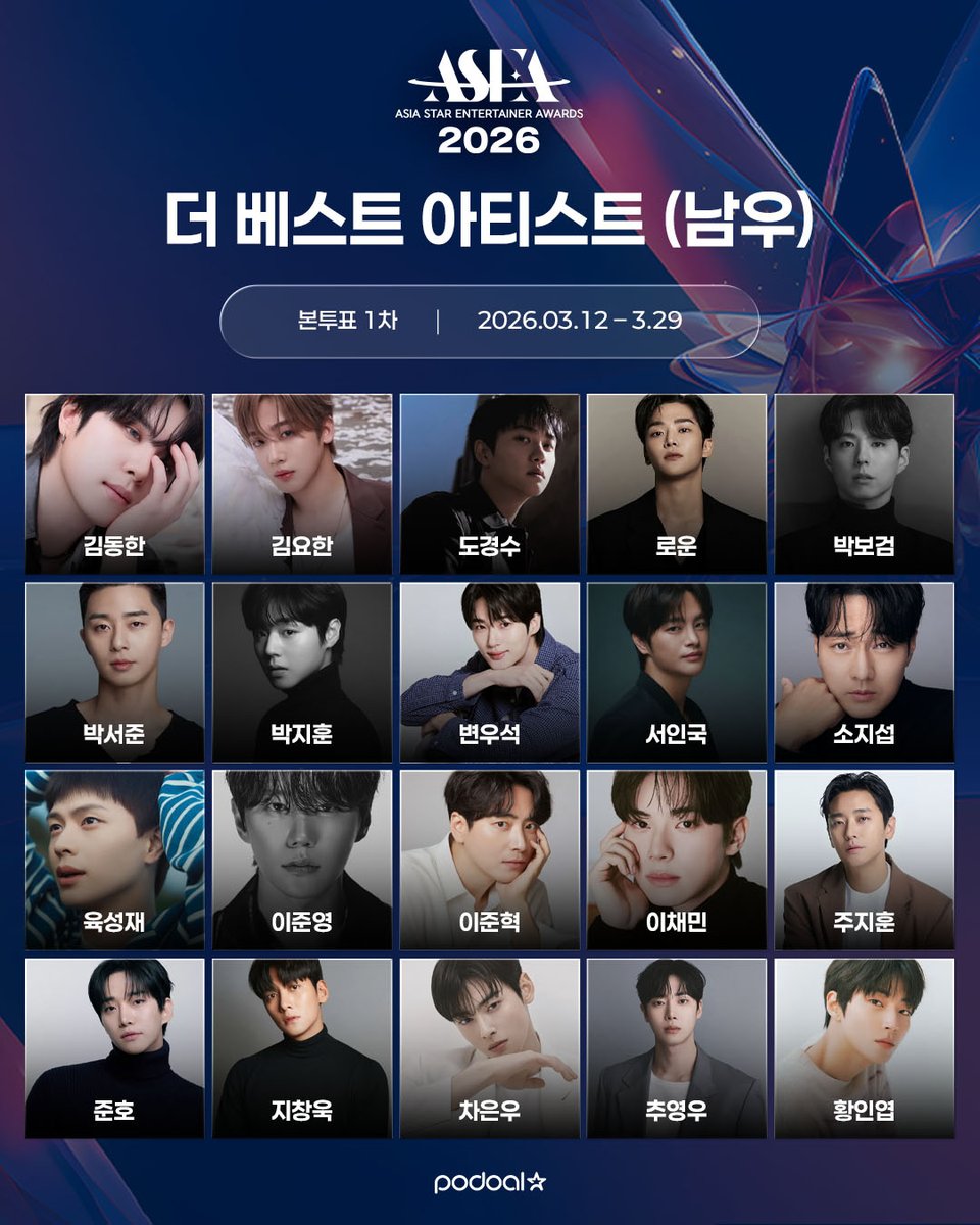 💞𝐀𝐒𝐄𝐀 𝟐𝟎𝟐𝟔 | 𝐕𝐎𝐓𝐄 𝐋𝐈𝐍𝐄-𝐔𝐏

✅더 베스트 아티스트(남우) - The Best Artist(Actor)

#김동한 #김요한 #도경수 #로운 #박보검 #박서준 #박지훈 #변우석 #서인국 #소지섭 #육성재 #이준영 #이준혁 #이채민 #주지훈 #이준호 #지창욱 #차은우 #추영우 #황인엽 ...

전체 라인업은
