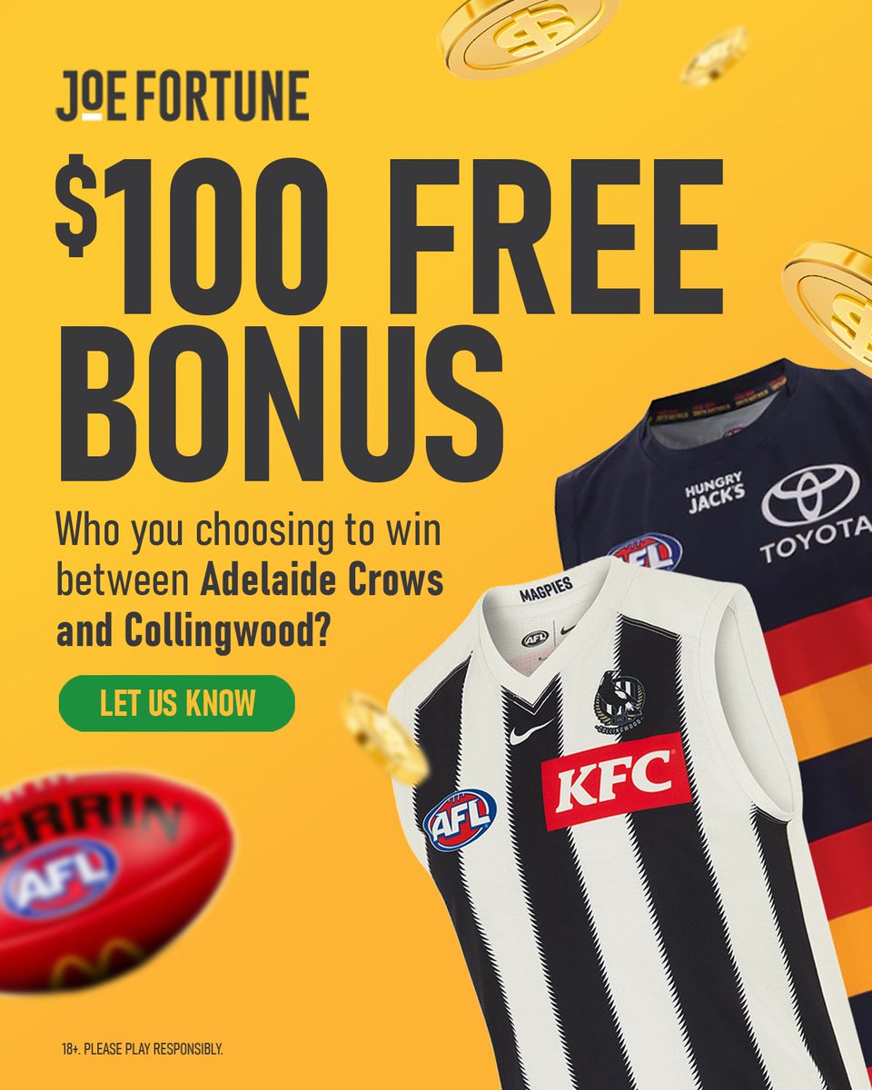 JoeFortunePokie's tweet photo. 🐦‍⬛ Battle of the birds! 🐦‍⬛

Back your team between Collingwood and Adelaide and you could win a $100 BONUS!

How to enter:
💪 Comment your winner
👍 Like, Follow and Share https://t.co/DKl9bMQPHc