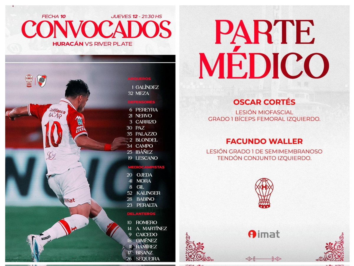 laquemaweb's tweet image. #Huracan 🎈 Sin Cortes y Waller lesionados, ni Federico Vera convocado, Pero con Blondel adentro, estos son los concentrados por DM para recibir a #River ⚪🔴⚪ en el #Duco