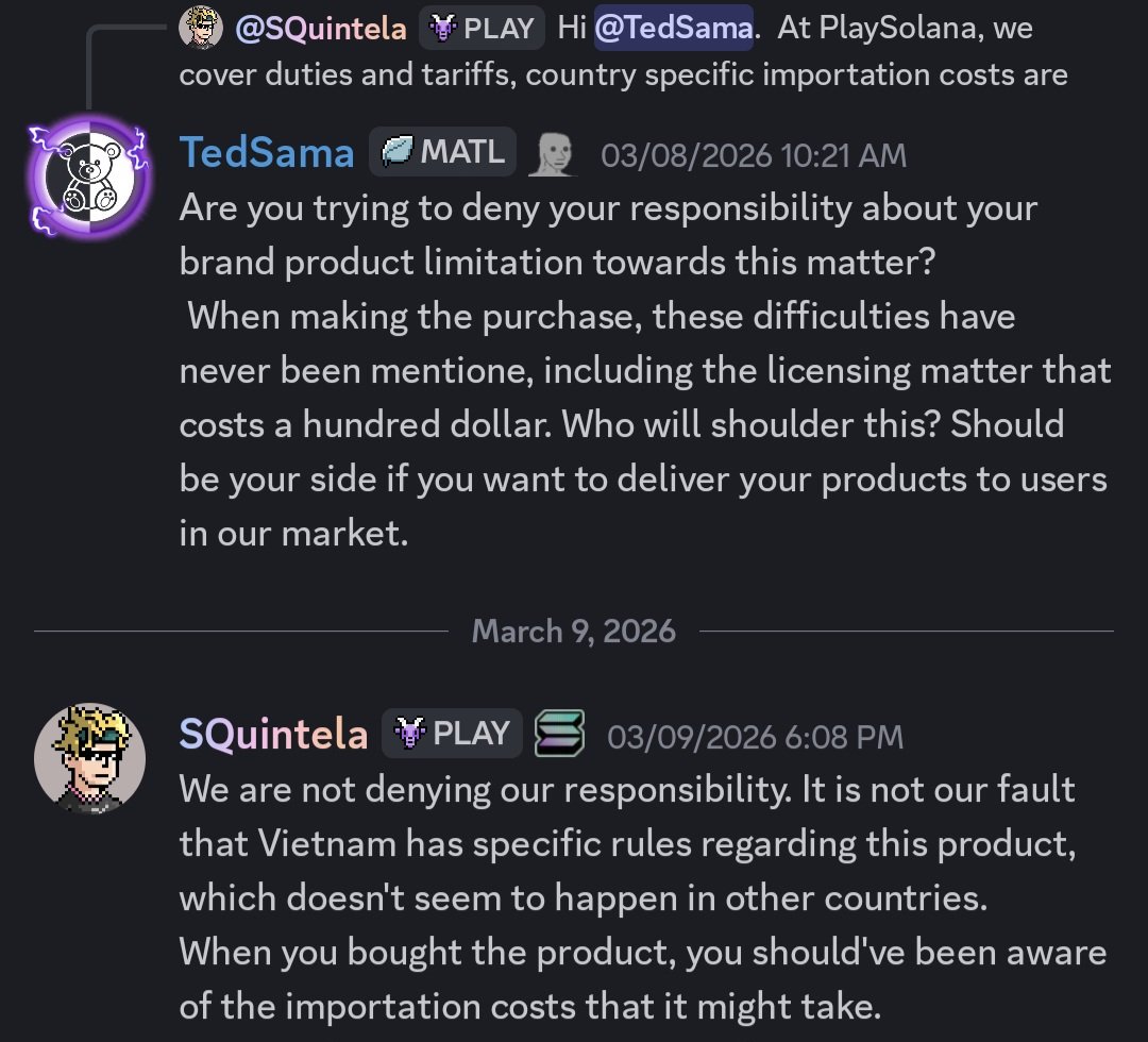 tedsamavn's tweet photo. @solana Is it funny when the responsibility of "knowing if the item is licensed in a specific market" belongs to the user - who wants to purchase, and not the product brand - who produce the item, as this @playsolana supporter said? https://t.co/BvST6Jegyk