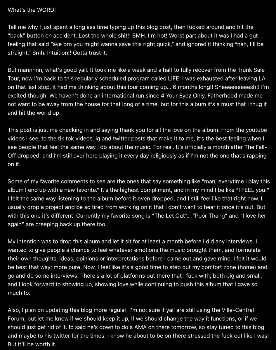 ComplexMusic's tweet photo. J. Cole has made a new blog post talking about his next steps after completing the 'Trunk Sale Tour' 🚗

"My intention was to drop this album and let it sit for at least a month before I did any interviews. I wanted to give people a chance to feel whatever emotions the music brought them, and formulate their own thoughts, ideas, opinions or interpretations before I came out and gave mine. It felt it would be best that way."