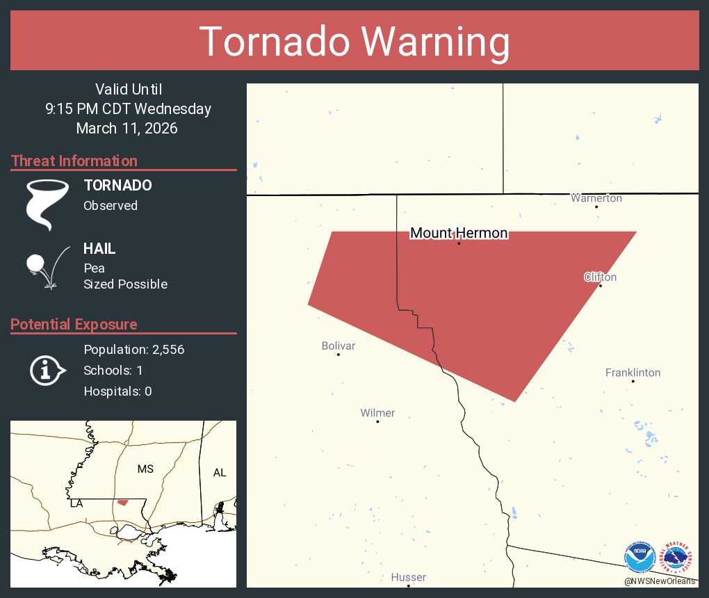 NWSNewOrleans's tweet photo. Tornado Warning including Mount Hermon LA until 9:15 PM CDT https://t.co/63xoRr7tDq
