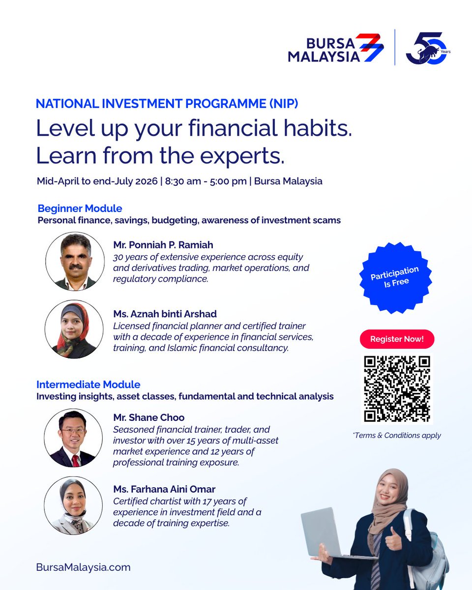 BursaMalaysia's tweet photo. Don’t miss the chance to learn financial planning and investing from the pros —for free!
 
Through the National Investment Programme (NIP), you’ll gain:

Real-world investing strategies
Practical steps to take charge of your financial future
Guidance from industry practitioners with decades of experience

Date: Mid-April – end-July 2026 (weekends, cohort-based)
Time: 8:30 am – 5:00 pm
Venue: Bursa Malaysia
 
Seats are limited, register now: https://t.co/DvH4UlqEJl
___

Jangan lepaskan peluang ini untuk mempelajari ilmu perancangan kewangan dan pelaburan daripada para profesional industri yang berpengalaman secara percuma!

Melalui National Investment Programme (NIP), anda akan mendapat:

Strategi pelaburan yang mudah diterapkan
Langkah praktikal untuk mengurus dan memperkukuh kewangan anda
Bimbingan langsung daripada pakar industri dengan pengalaman puluhan tahun dalam pasaran modal

Tarikh: Pertengahan April – akhir Julai 2026 (hujung minggu, berdasarkan kohort)
Masa: 8:30 pagi – 5:00 petang
Tempat: Bursa Malaysia

Tempat adalah terhad, daftar sekarang: https://t.co/DvH4UlqEJl