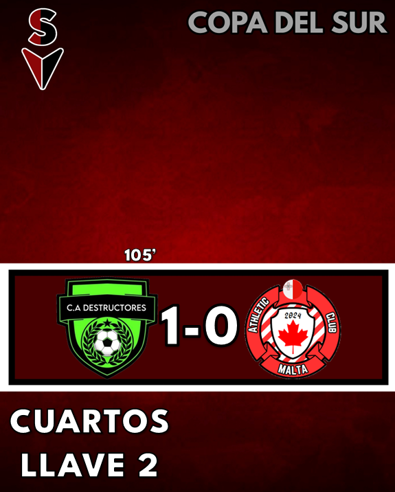 CopasRegionales's tweet photo. Copa del Sur - Cuartos de Final - Llave 2

Destructores 1 - 0 Athletic Malta https://t.co/o5JgC5er2G