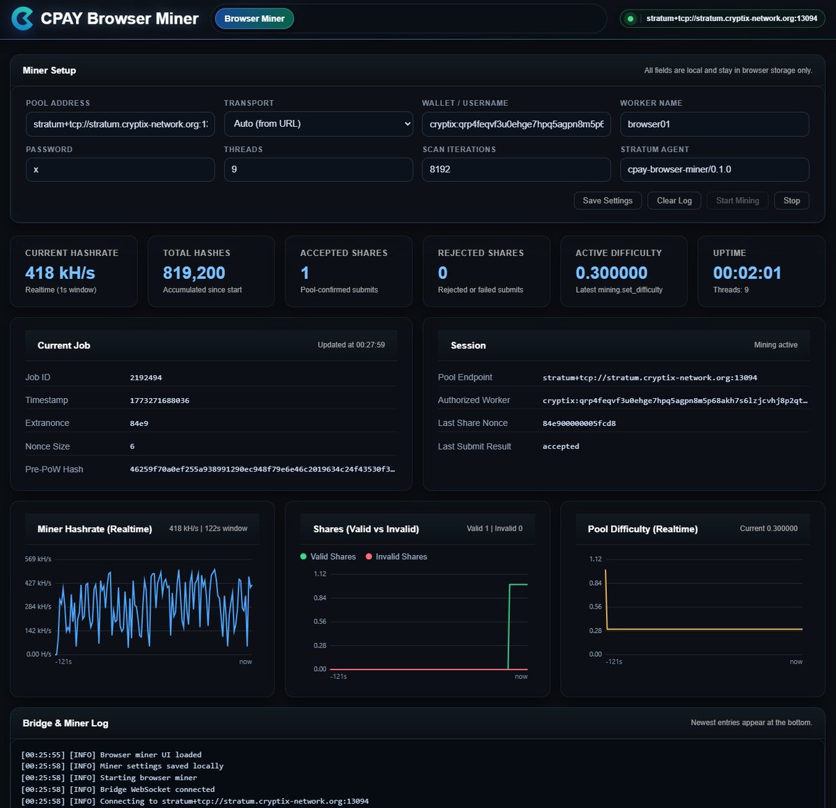 Our new experimental browser miner is online.

browserminer.cryptix-network.org

#cpay #cryptix #coin #token #crypto #pow #mining