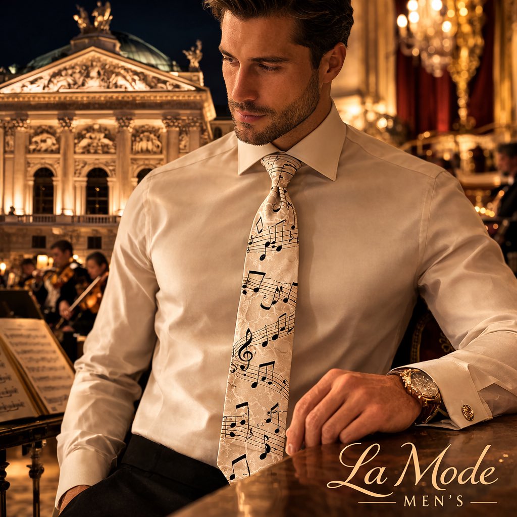 LaModeMens1's tweet photo. Vienna’s Staatsoper reminds us that true mastery never goes out of style. 🎼 Champagne slim-fit dress shirt. Musical note pattern tie. Timeless elegance for the modern gentleman. #LaModeMens #Menswear #ViennaStyle #GentlemanStyle #TieStyle #ModernMenswear https://t.co/pG3CKIu5eF
