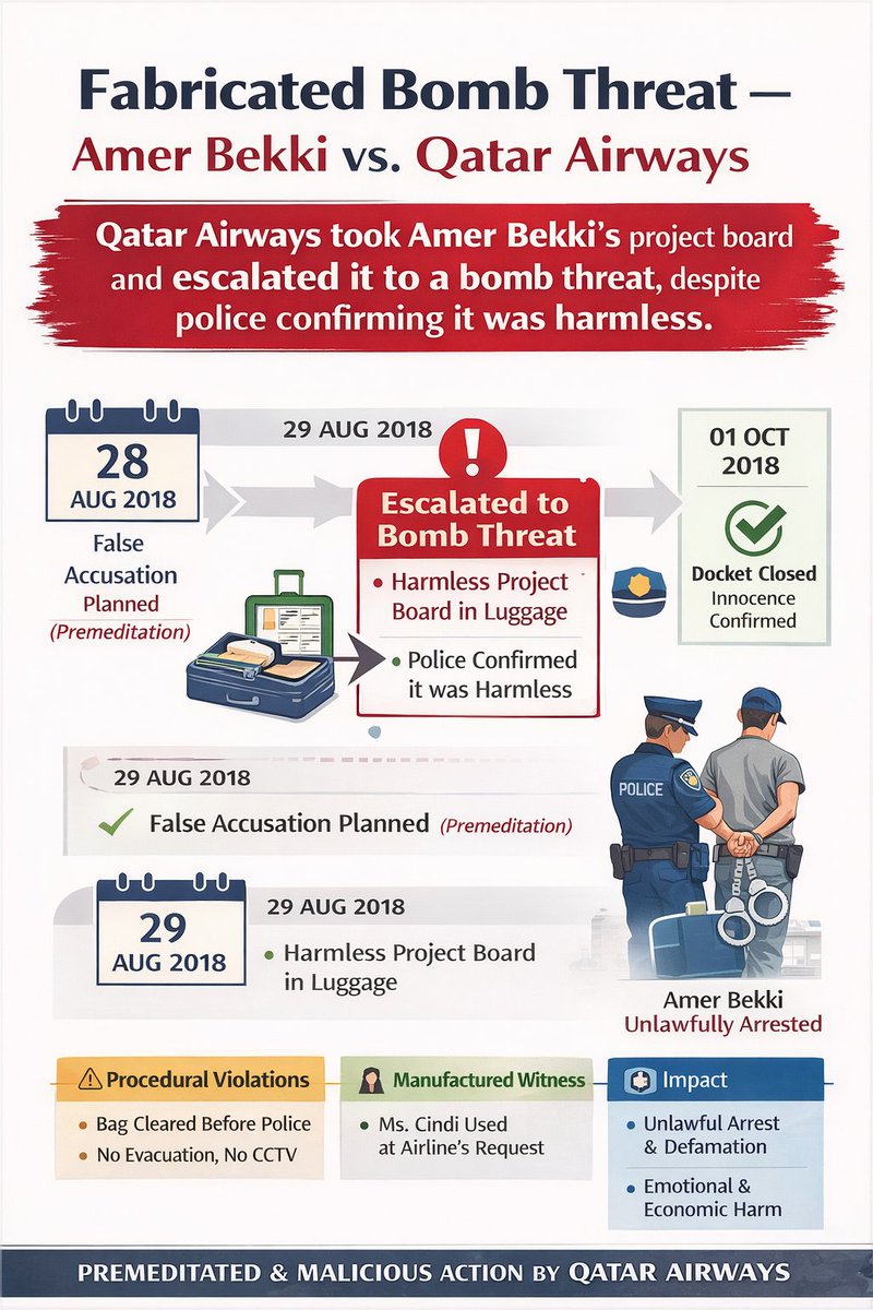 amer_bekki's tweet photo. Qatar Airways turned a project board into a bomb threat. 🚨 Police confirmed it was harmless, yet the passenger was arrested anyway. Docket later closed ✅.
#HumanRights #JusticeForPassengers #QatarAirways 
#QatarAirwaysCase https://t.co/5ct55mxiTt