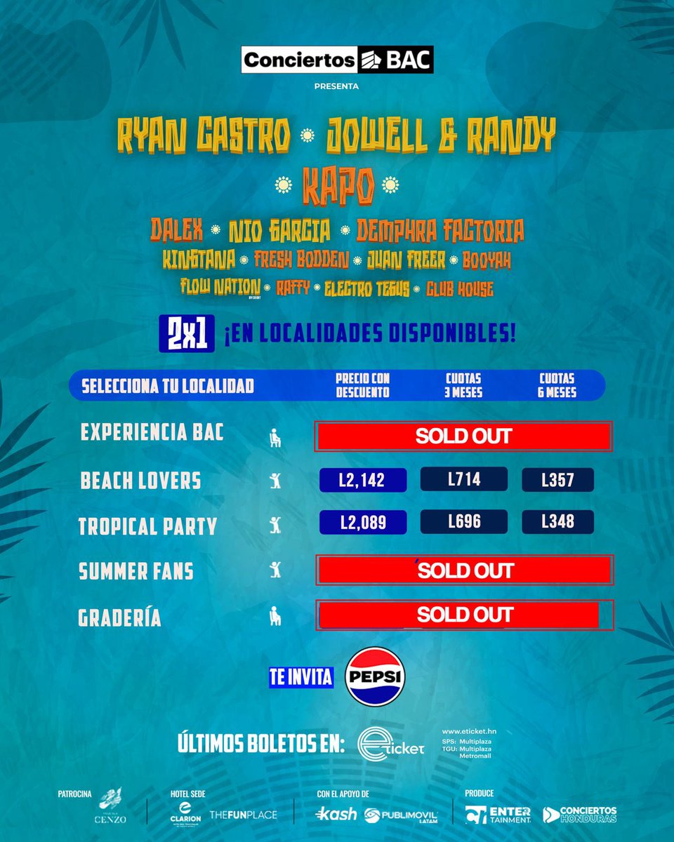 RevistaZT's tweet photo. 🚨🔥 HONDURAS, ESTAMOS A PUNTO DE SOLD OUT 🔥🚨

El Party de Verano 2026 está entrando en su etapa final.

❌ Gradería — SOLD OUT
❌ Experiencia — SOLD OUT
❌ Summer Fans — SOLD OUT

⚠️ Solo quedan boletos en 2 localidades https://t.co/qnrqYm73mT
