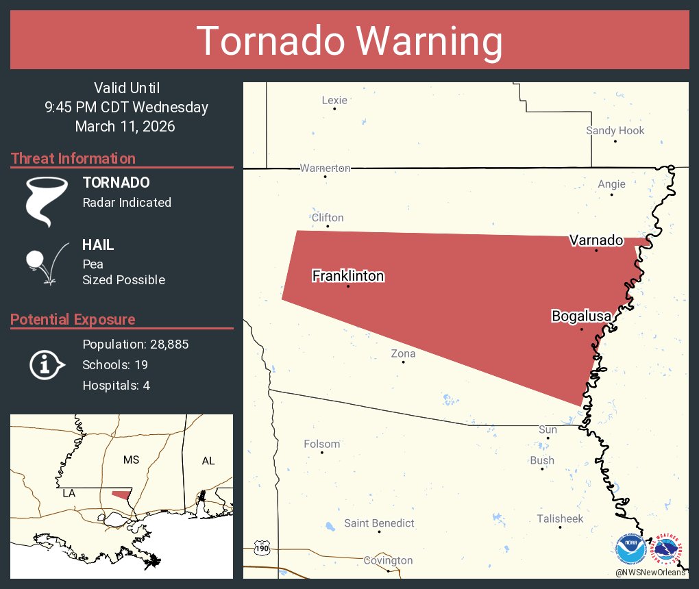 NWSNewOrleans's tweet photo. Tornado Warning including Bogalusa LA, Franklinton LA and  Varnado LA until 9:45 PM CDT https://t.co/WGAmoKhXSl