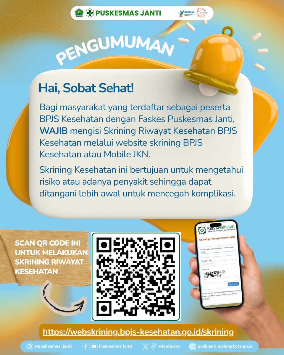 janticare's tweet photo. [PENGUMUMAN]
Hai, Sobat Sehat!
Bagi masyarakat yang terdaftar sebagai peserta BPJS Kesehatan dengan Faskes Puskesmas Janti, WAJIB mengisi Skrining Riwayat Kesehatan BPJS Kesehatan melalui website skrining BPJS Kesehatan atau Mobile JKN. https://t.co/NKQdckdopS