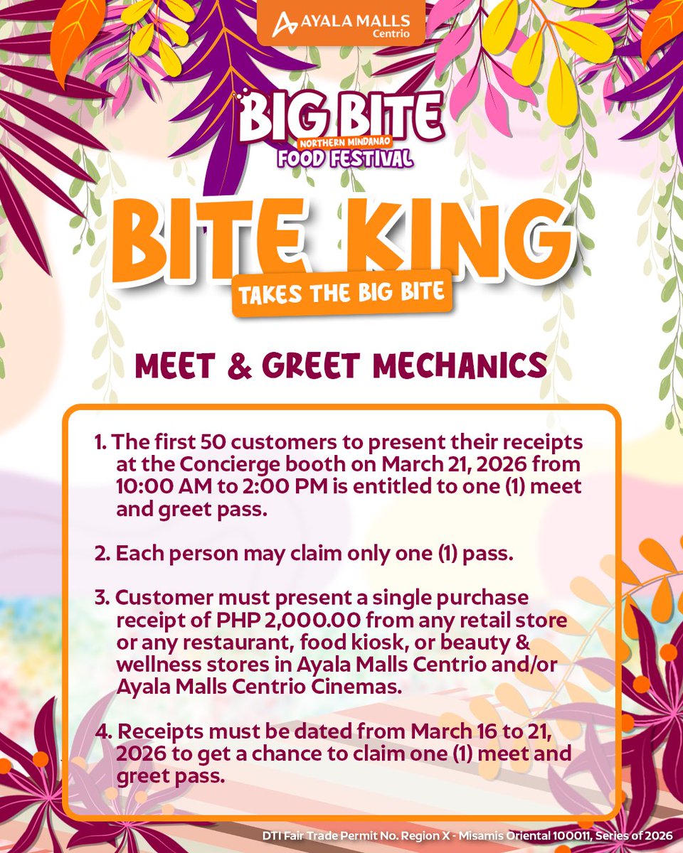 AyalaCentrio's tweet photo. See you, mga badi! ♨️

You guessed it right—catch BITE KING at Big Bite: The Northern Mindanao Food Festival this March 21, 2026.

🎟️ Shop ₱2,000 worth at Ayala Malls Centrio, present your qualifying receipt, and the first 50 customers receive Meet &amp; Greet passes! https://t.co/2mE0uBI3WI