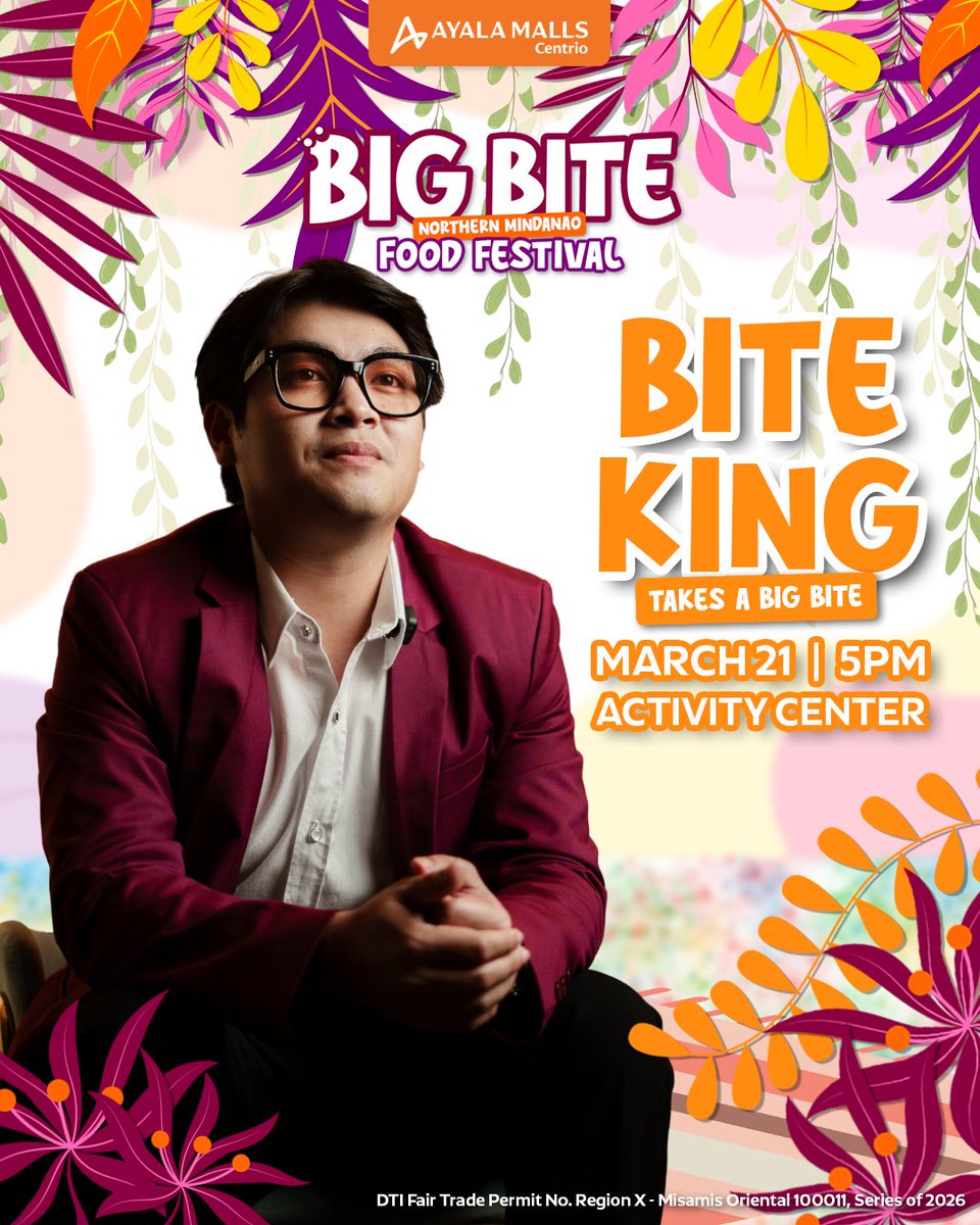 AyalaCentrio's tweet photo. See you, mga badi! ♨️

You guessed it right—catch BITE KING at Big Bite: The Northern Mindanao Food Festival this March 21, 2026.

🎟️ Shop ₱2,000 worth at Ayala Malls Centrio, present your qualifying receipt, and the first 50 customers receive Meet &amp; Greet passes! https://t.co/2mE0uBI3WI