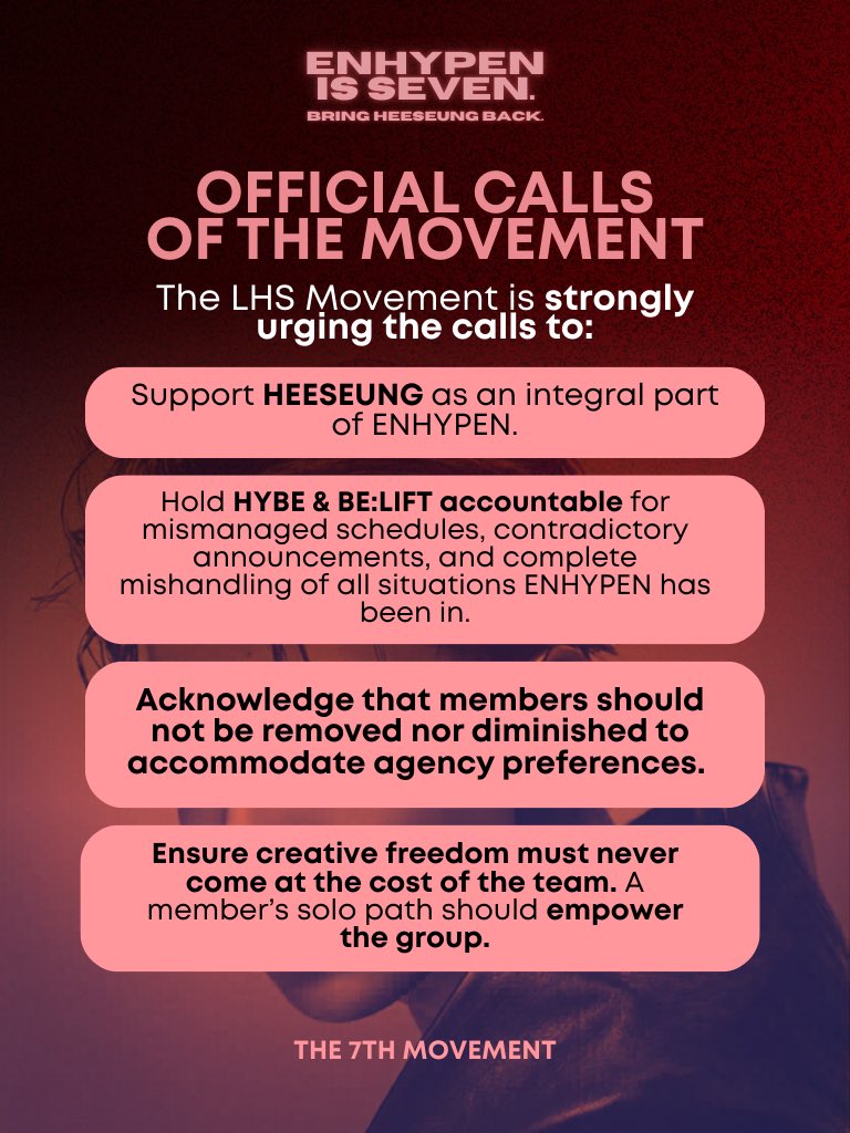 [THE OFFICIAL CALLS OF THE LHS MOVEMENT]

ENGENEs, the situation is urgent. BE:LIFT, through multiple broadcasting agencies, has recently released a statement regarding #HEESEUNG that suggests he will focus fully on his solo career, hence his withdrawal from ENHYPEN. All