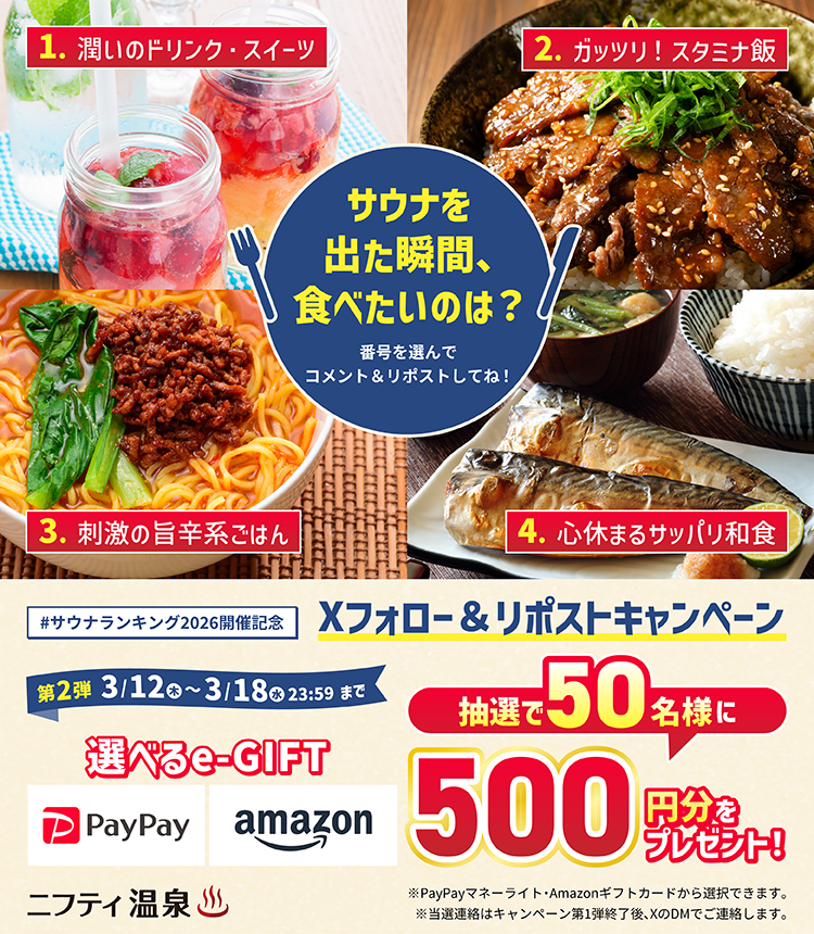 ＼第2弾／ 
#サウナランキング2026 開催記念CP

「選べるe-GIFT500円分」を 抽選で50名様にプレゼント🎁

第2弾のテーマは【至福のサ飯】😋
サウナを出た瞬間、食べたいものを教えてね！

🗓 キャンペーン期間
3月12日(木) 〜 3月18日(水) 23:59

【応募方法（必須）】
1️⃣ <a href="/niftyonsen/">ニフティ温泉【公式】</a> をフォロー
2️⃣