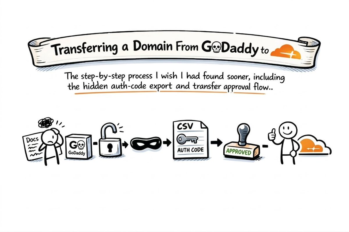 agenteo's tweet photo. I moved a domain from @GoDaddy to @Cloudflare. Straightforward process. Surprisingly bad documentation.

I wrote up the full step-by-step guide — including the hidden auth code flow and approval steps — with screenshots: https://t.co/YriUHS71JF

Hope this saves someone some time. https://t.co/NA6y7BTwz1