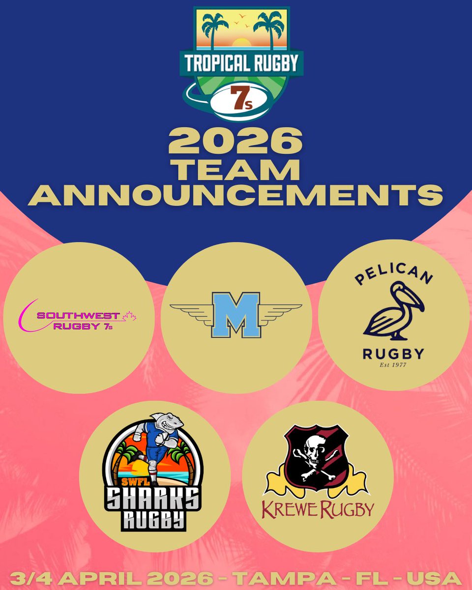 Southwest Rugby, St. Michael’s College School (debut), St Pete Pelicans, SWFL Sharks Rugby, and Tampa Krewe RFC
are locked in for the 2026 Tropical 7s! 🌴