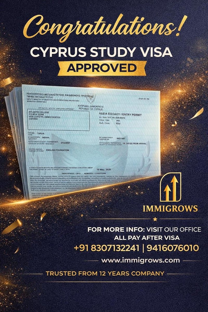 immigrows's tweet image. 🎉 Cyprus Study Visa Approved! 🇨🇾
Congratulations to our student for achieving the dream of studying abroad.

Apply with IMMIGROWS
✔ Pay After Visa
✔ 12+ Years Trusted Service

📞 8307132241 | 9416076010
🌐 immigrows.com

#CyprusVisa #VisaSuccess #Immigrows