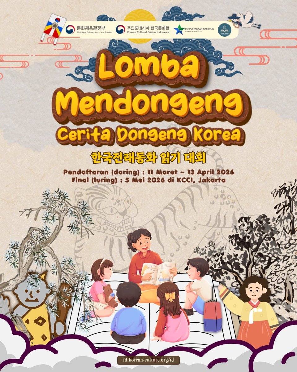 KCC_Indonesia's tweet photo. Rayakan Bulan Keluarga, Hari Anak dengan mendongeng!

Korean Cultural Center Indonesia (KCCI) berkolaborasi dengan Perpustakaan Nasional Republik Indonesia (Perpusnas RI) dan komunitas Read Aloud Jakarta Barat menggelar “Lomba Mendongeng, Cerita Dongeng Korea”.

Acara ini juga dalam rangka menyambut Hari Perpusnas RI (HUT ke-46 Perpusnas RI) pada 17 Mei.

Ada 2 kategori peserta:
1. Kategori Anak (usia sampai 13 tahun)
2. Kategori Umum (usia mulai 14 tahun)

Periode pendaftaran : 11 Maret sampai 13 April 2026
Final : 5 Mei 2026 di KCCI, Jakarta

Lomba ini tidak memungut biaya.
Peserta memilih salah satu dari lima pilihan dongeng yang tersedia di website KCCI.
(https://t.co/LCAAw7nUit)
Peserta individu atau tim (maks. 2 orang).

Cara mendaftar :
- Memilih salah satu dongeng sesuai kategori
- Membuat video mendongeng berdurasi maks. 7 menit
- Informasi detail tersedia pada website KCCI dan formulir pendaftaran

Kami ingin mendengarkanmu mendongeng. Kami nantikan partisipasimu.