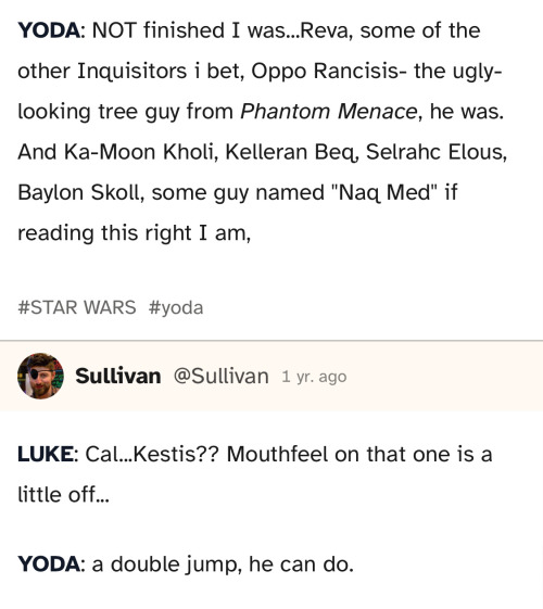 Luke_Maxxing's tweet photo. Yoda using some of his very limited time training to tell Luke about bad Clone Wars arcs is so funny. It's like if this was actually retconned in as a real thing that happened. https://t.co/7jb96PCyyS