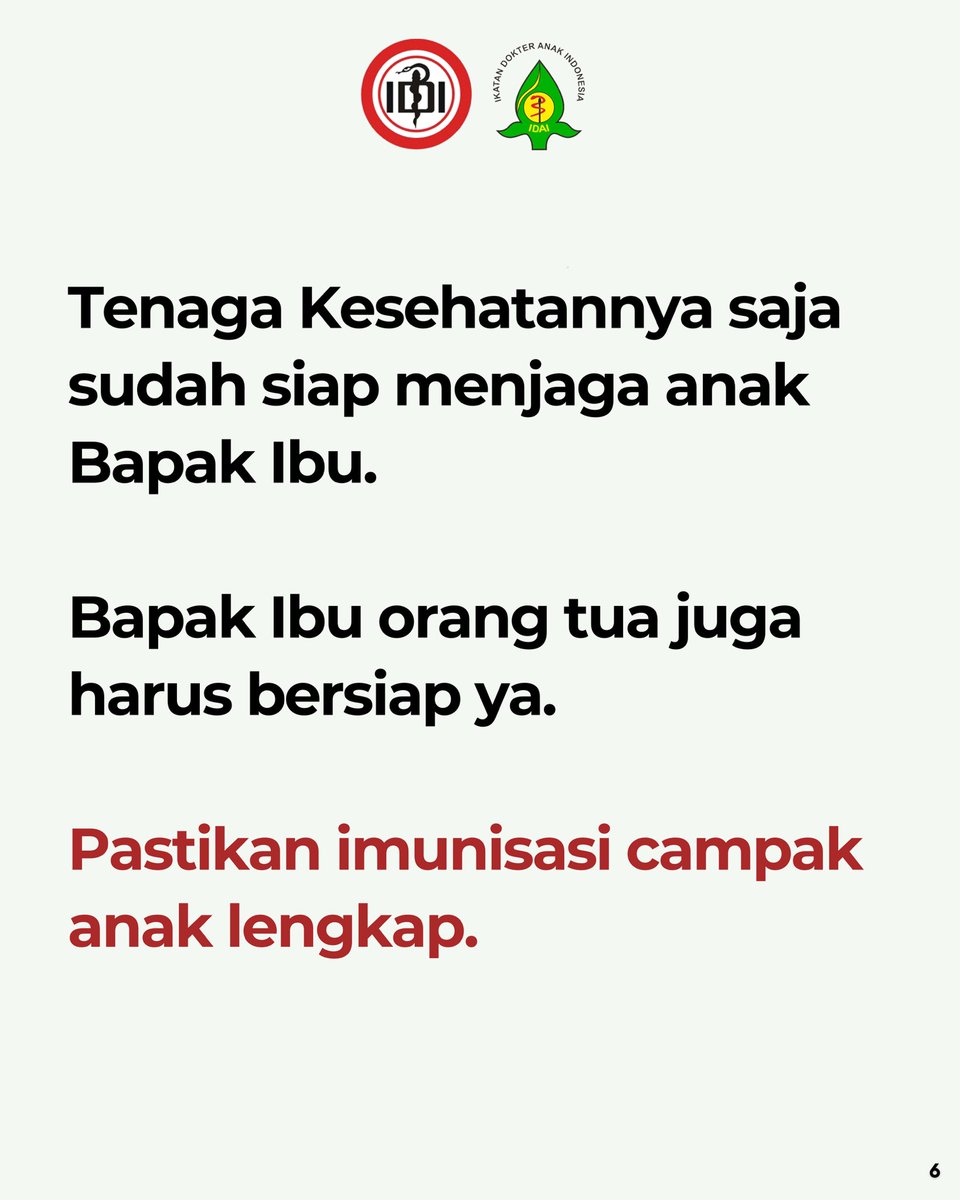 idai_tweets's tweet image. Tenaga kesehatannya aja udah siap jaga anak Bapak Ibu.

Bapak Ibu Orang Tua juga harus bersiap, dengan memastikan imunisasi anaknya lengkap ya!

Baca lengkap pada situs resmi IDAI (idai.or.id)

#WabahCampak
#ImunisasiLengkap
#IDAI
#IndonesianPediatricSociety