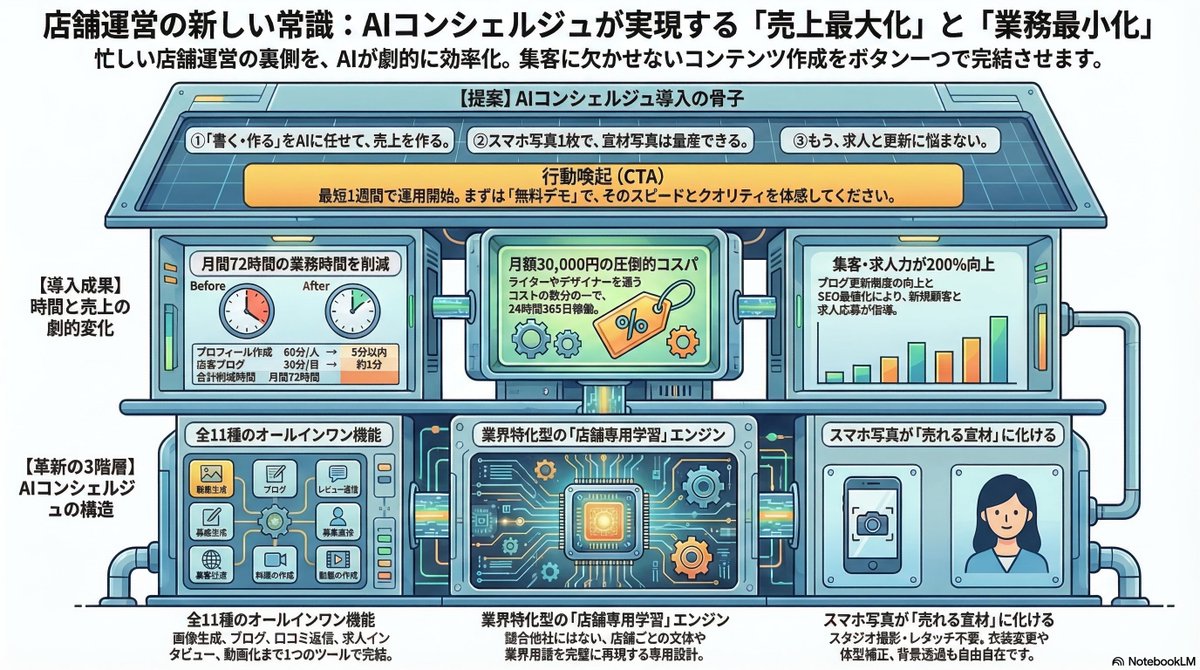 MEGANE3939's tweet photo. 「更新が止ま���ない店」は売上が上がる🚀 スマホ1枚でプロ級宣材を量産！ ブログも1分で生成し月72時間の作業を削減。 月額3万円で11機能が使い放題✨ 1ヶ月無料デモで驚きのタイパを体感して🚀 #AIコンシェルジュ #店舗運営 #DX https://t.co/jOhBR4GK3S